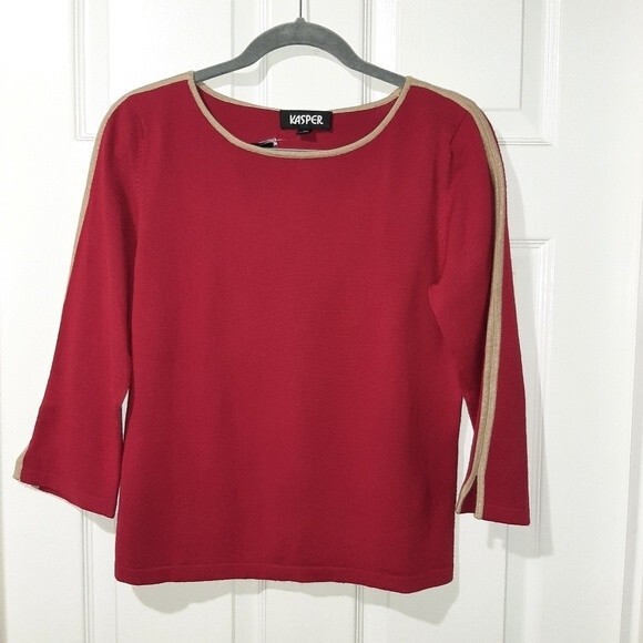 Kasper Stretchy Crop Sweater Knitted Top Red with Tan Accent 3/4 Sleeve Size M - Picture 3 of 13